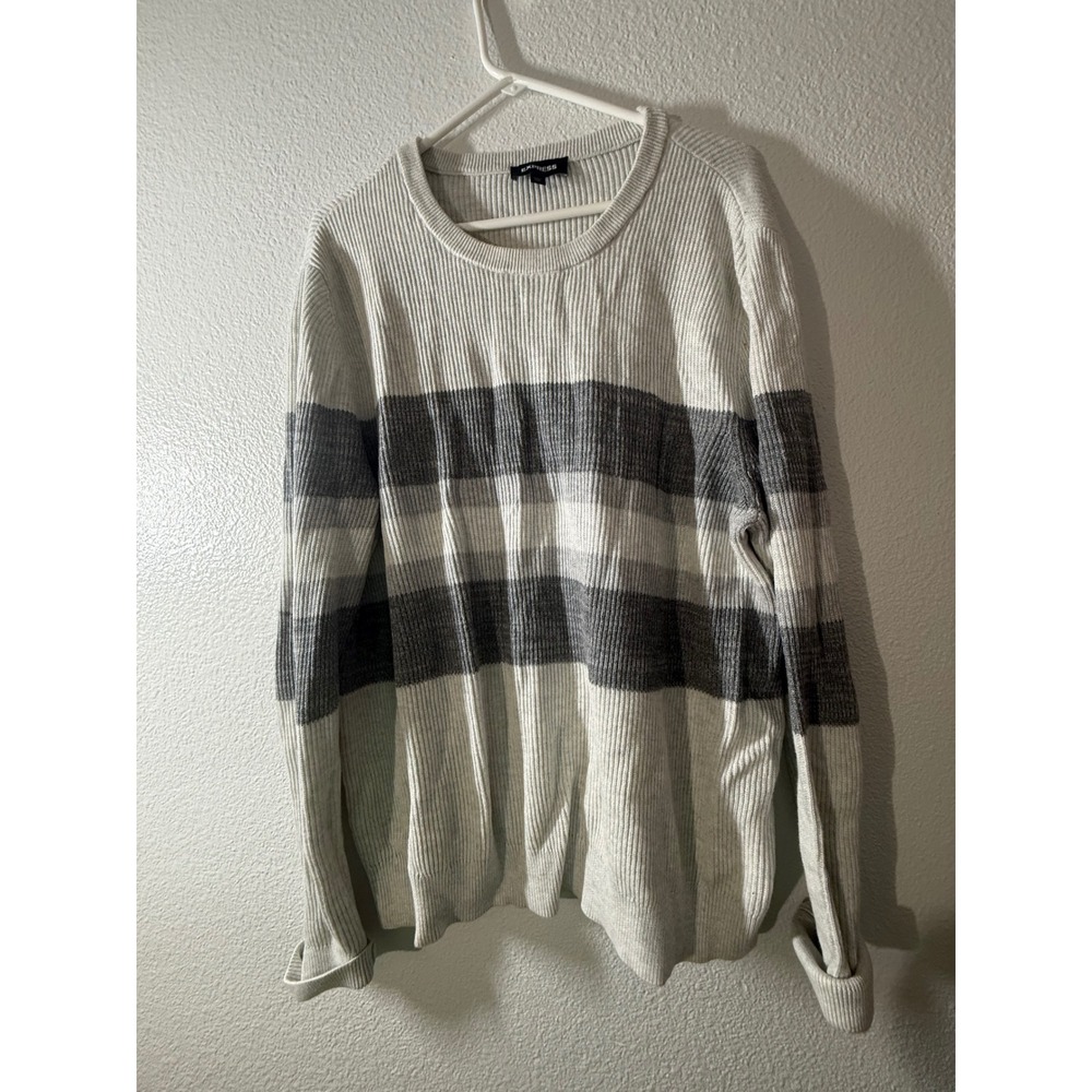 EXPRESS Men's XL Striped Ribbed Crewneck Long Sleeve Sweater Gray White